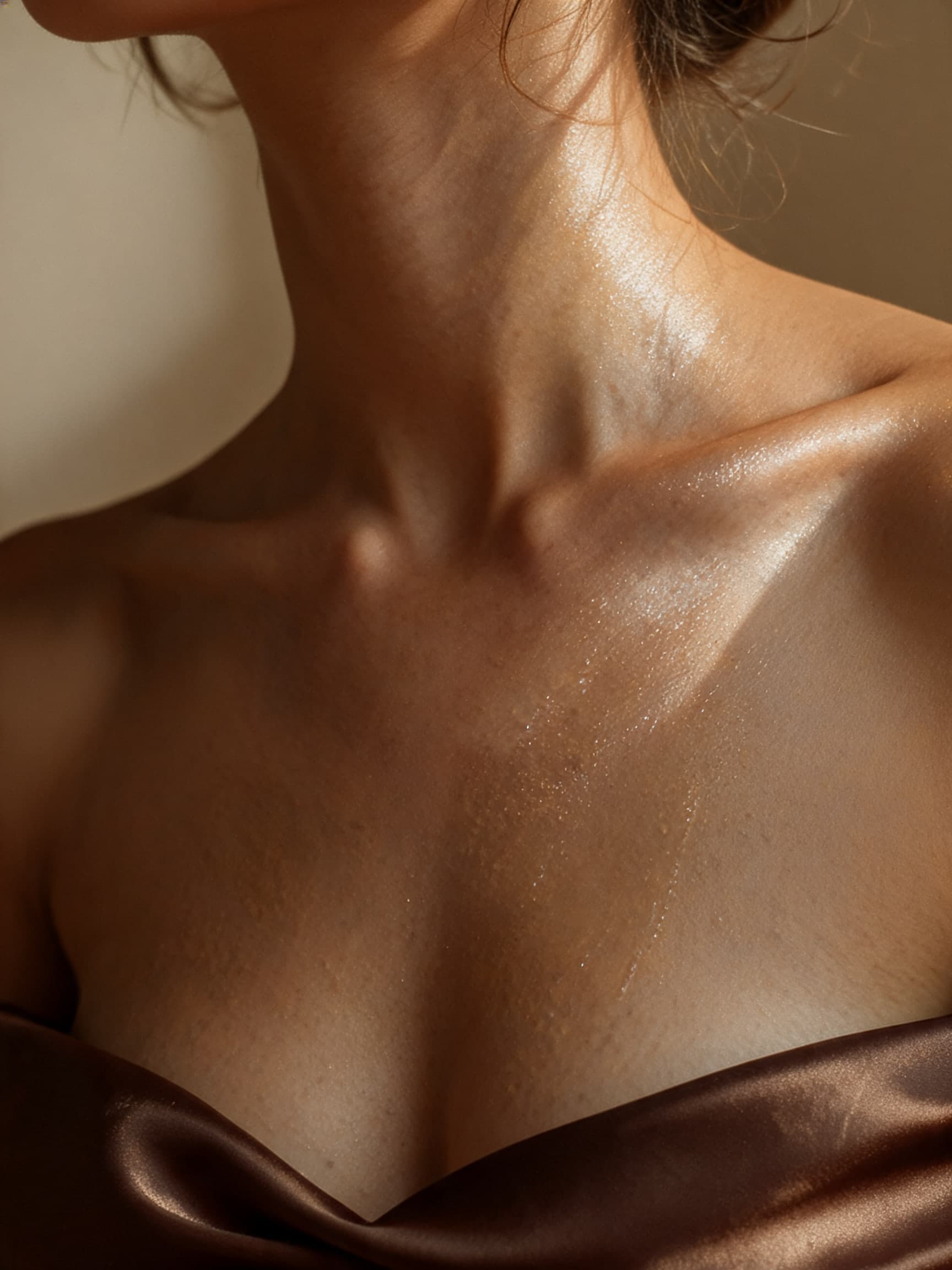 Luminous skin, collarbones catching warm light