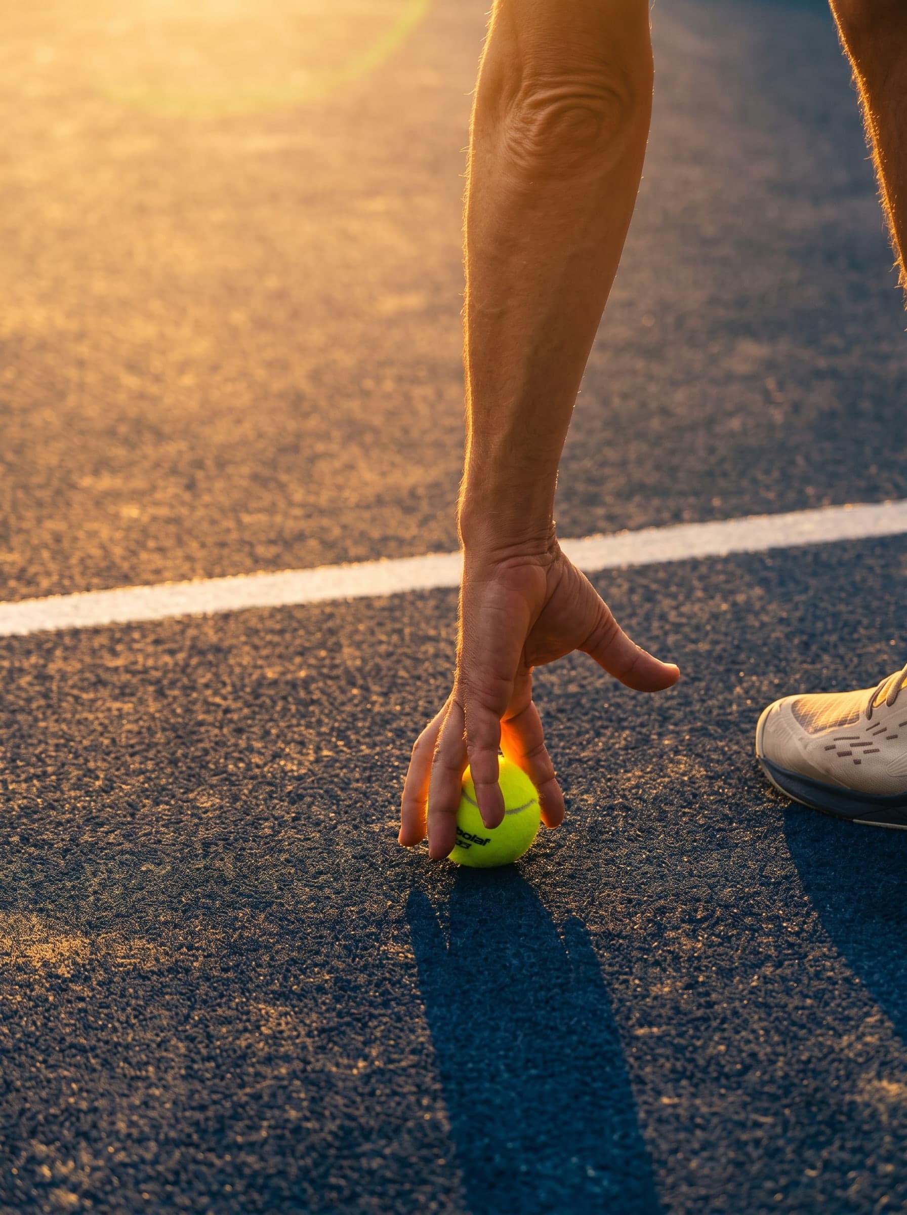 Hand placing a tennis ball on a court at golden hour